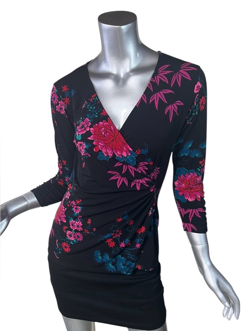 Bisou Bisou V Neck Ruched Top 3/4 Sleeve Floral Faux Wrap Blouse Black SMALL